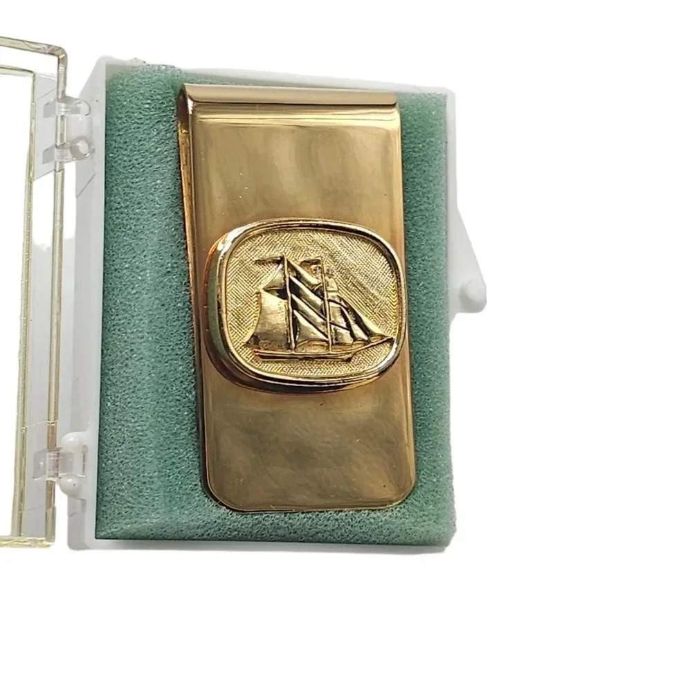 Nautical Ship Glossy Gold Tone Money Clip Vintage New Old Stock